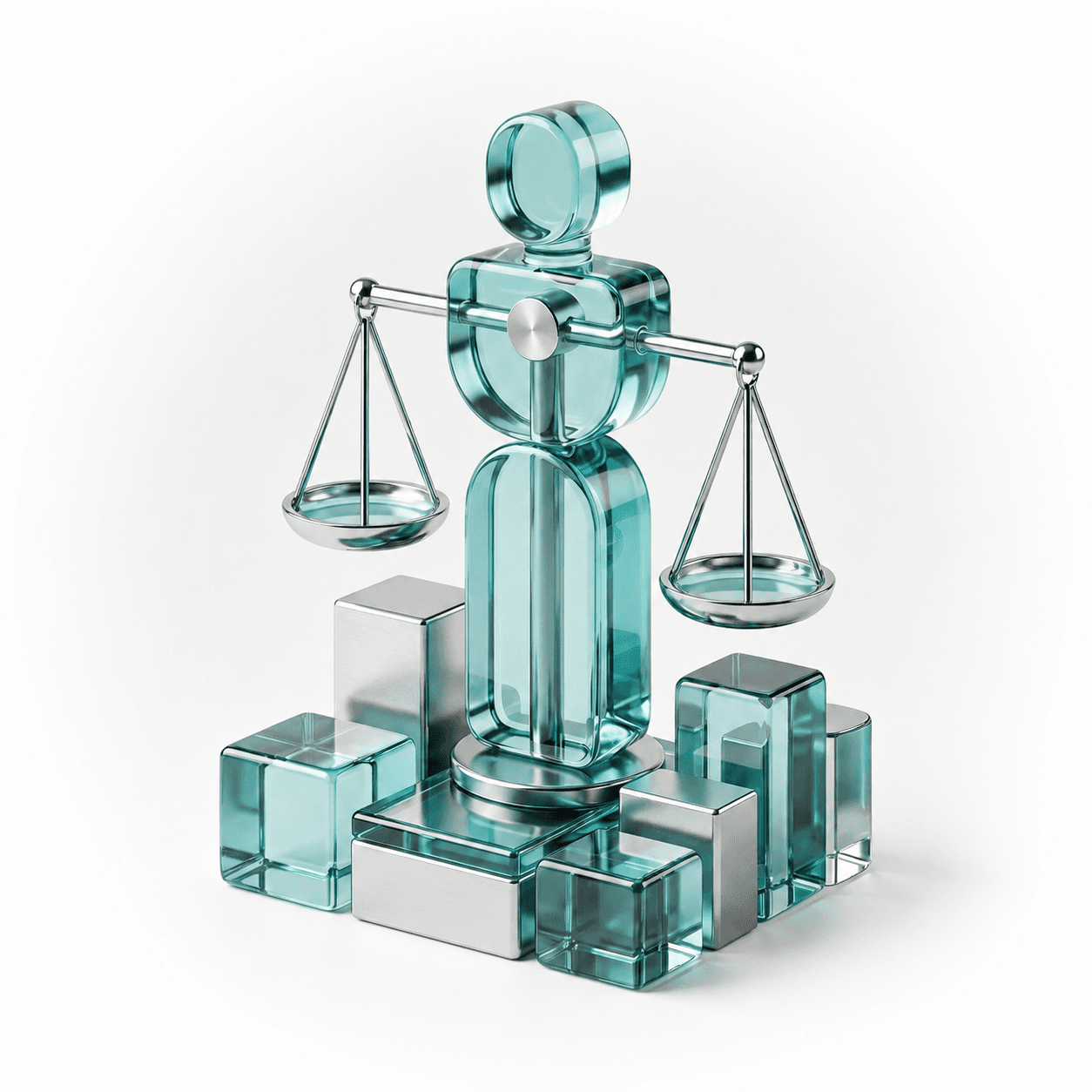Glass figure holding balanced scales, representing transparent and impartial evaluation